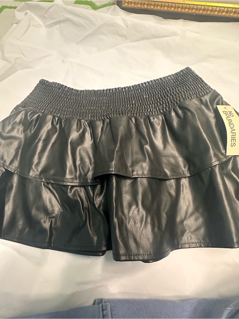 No Boundaries Black Faux Leather Tiered Mini Skirt with Smocked Waist - Picture 8 of 10